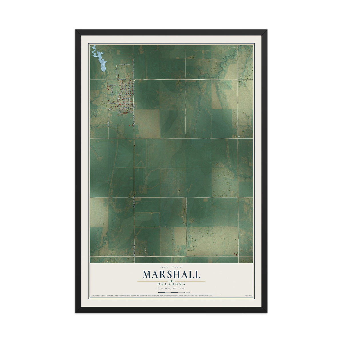 Map of Marshall, Oklahoma, 12 x 18 inch print in a black wood frame