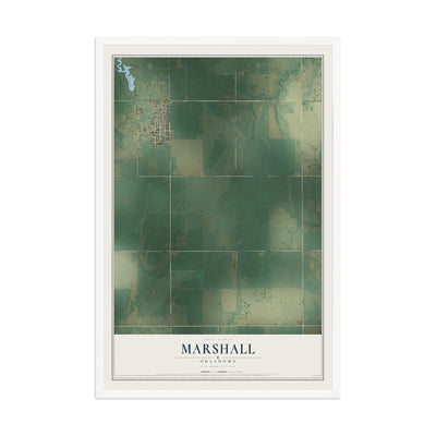 Map of Marshall, Oklahoma, 12 x 18 inch print in a white wood frame