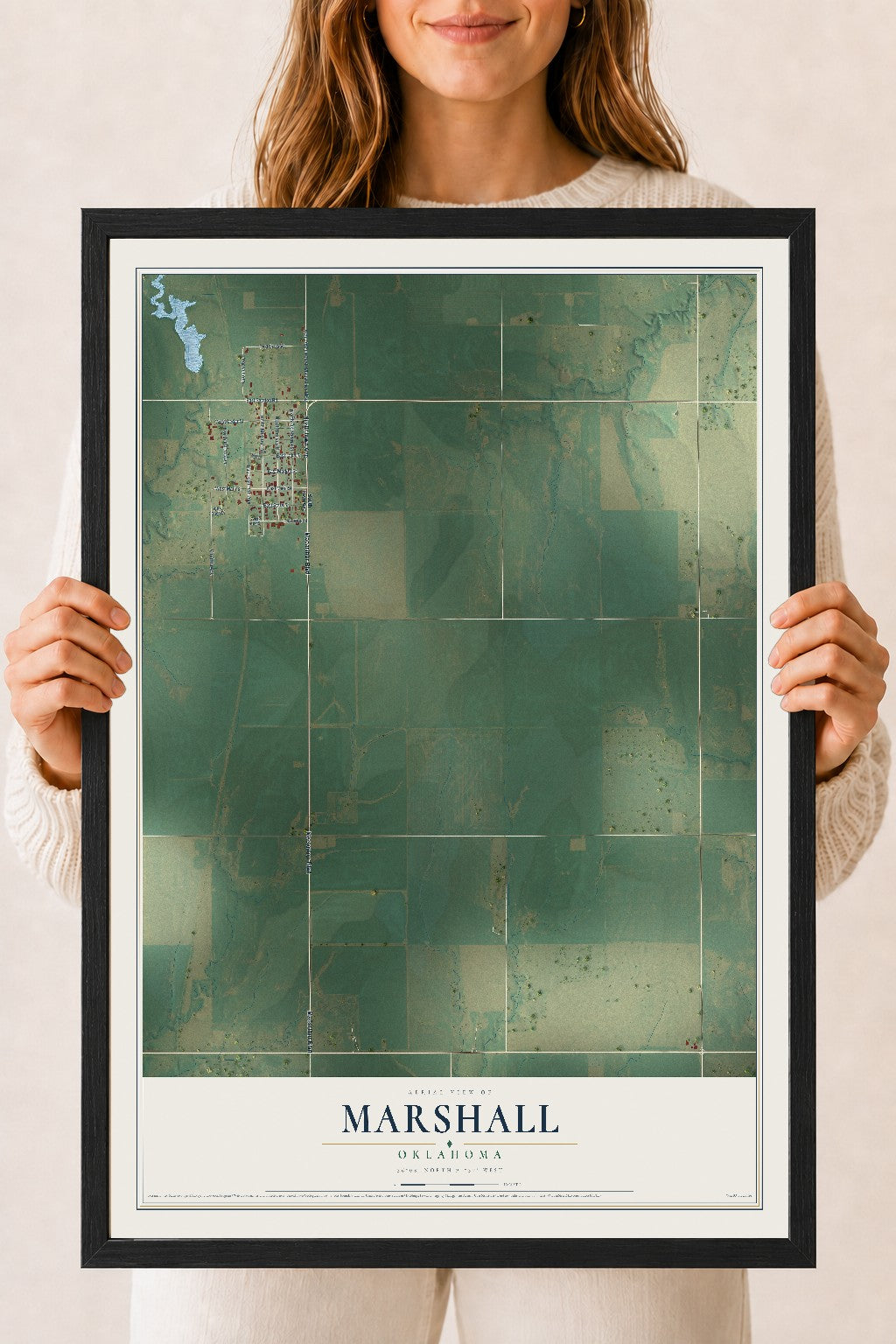 Map of Marshall, Oklahoma, 18 x 24 inch print in a black wood frame