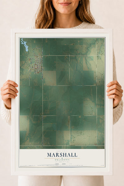 Map of Marshall, Oklahoma, 18 x 24 inch print in a white wood frame