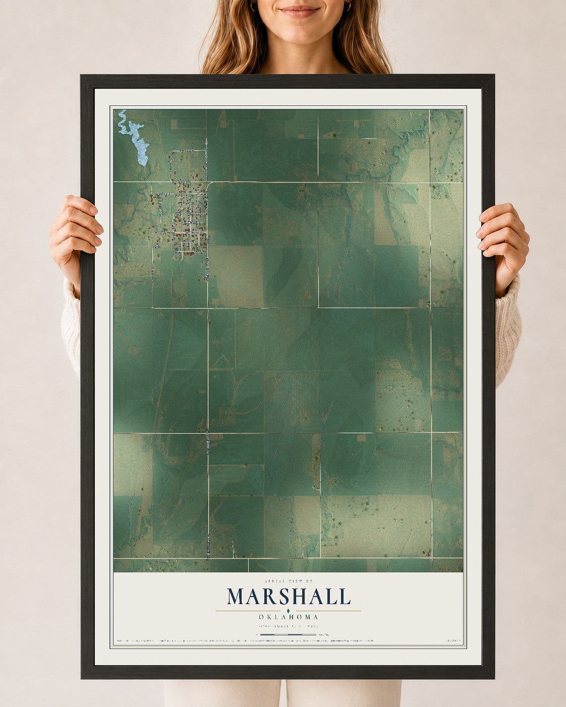 Map of Marshall, Oklahoma, 24 x 36 inch print in a black wood frame