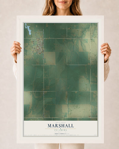 Map of Marshall, Oklahoma, 24 x 36 inch print in a white wood frame