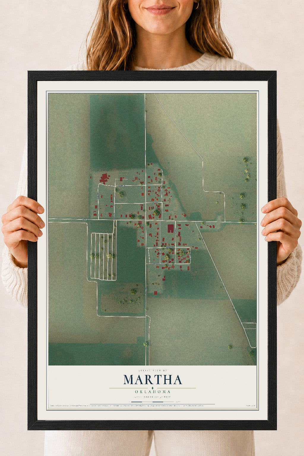 Map of Martha, Oklahoma, 18 x 24 inch print in a black wood frame