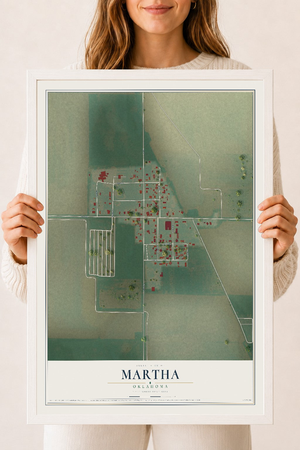 Map of Martha, Oklahoma, 18 x 24 inch print in a white wood frame