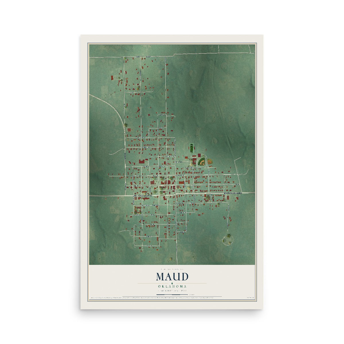 Map of Maud, Oklahoma, 12 x 18 inch unframed archival matte print