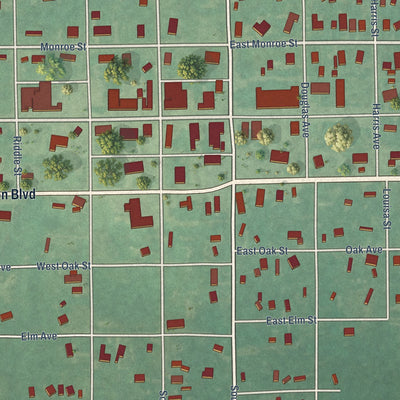 Close-up of the map of Maud, Oklahoma print showing street and building detail
