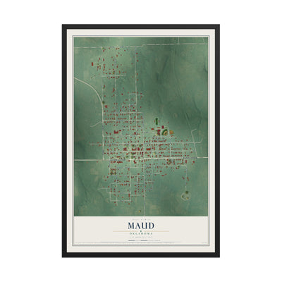 Map of Maud, Oklahoma, 12 x 18 inch print in a black wood frame
