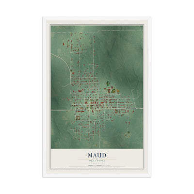 Map of Maud, Oklahoma, 12 x 18 inch print in a white wood frame