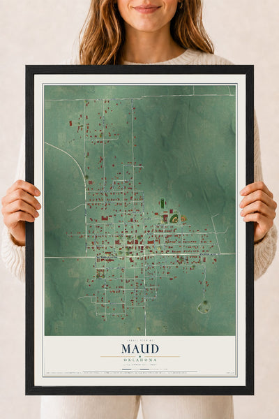 Map of Maud, Oklahoma, 18 x 24 inch print in a black wood frame