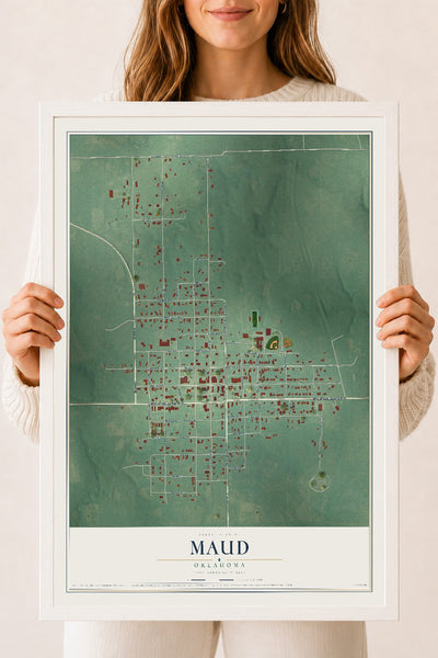 Map of Maud, Oklahoma, 18 x 24 inch print in a white wood frame