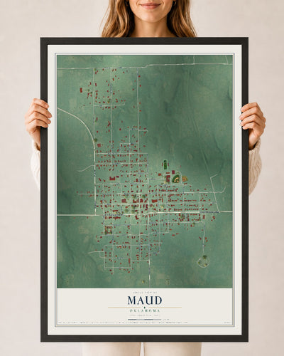 Map of Maud, Oklahoma, 24 x 36 inch print in a black wood frame