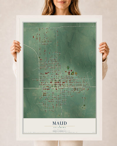Map of Maud, Oklahoma, 24 x 36 inch print in a white wood frame