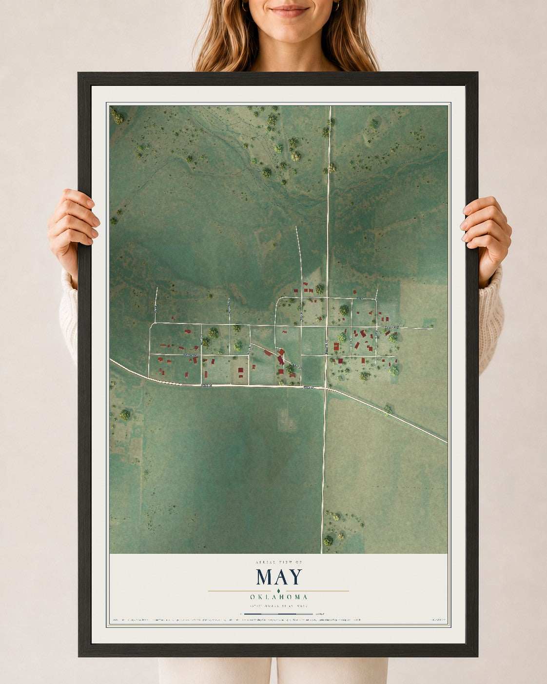 Map of May, Oklahoma, 24 x 36 inch print in a black wood frame