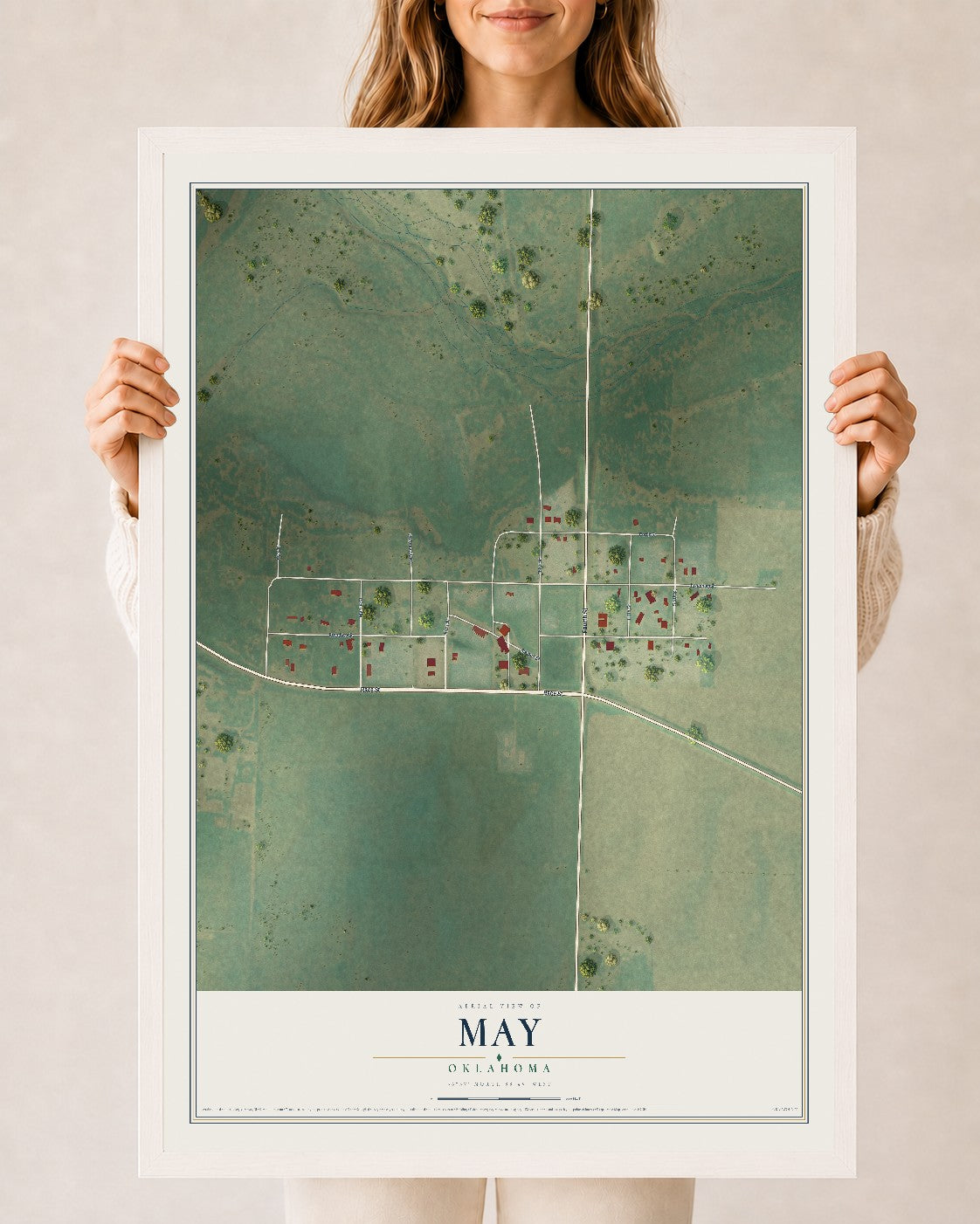 Map of May, Oklahoma, 24 x 36 inch print in a white wood frame