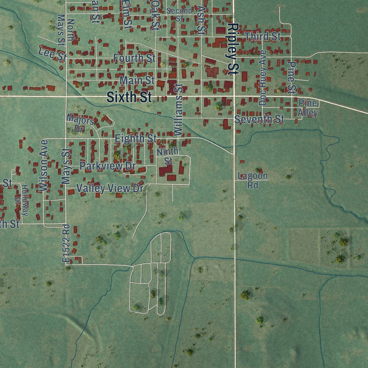Close-up of the map of Maysville, Oklahoma print showing street and building detail