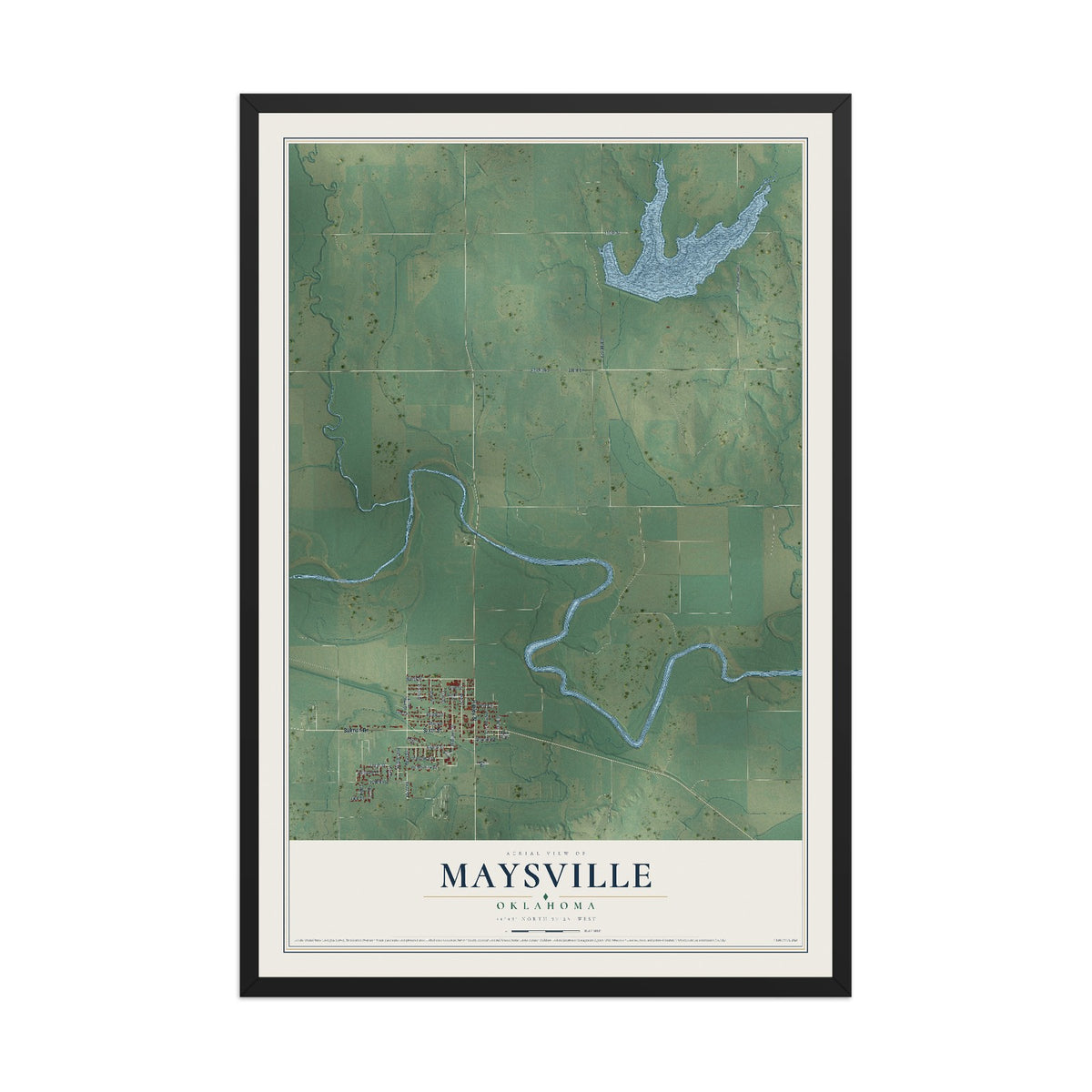 Map of Maysville, Oklahoma, 12 x 18 inch print in a black wood frame