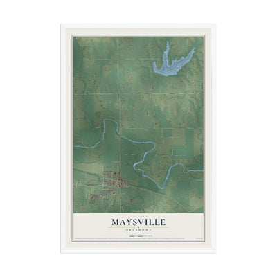 Map of Maysville, Oklahoma, 12 x 18 inch print in a white wood frame