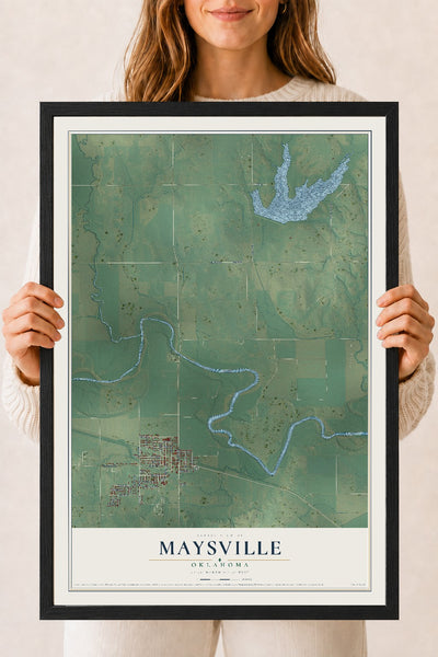 Map of Maysville, Oklahoma, 18 x 24 inch print in a black wood frame