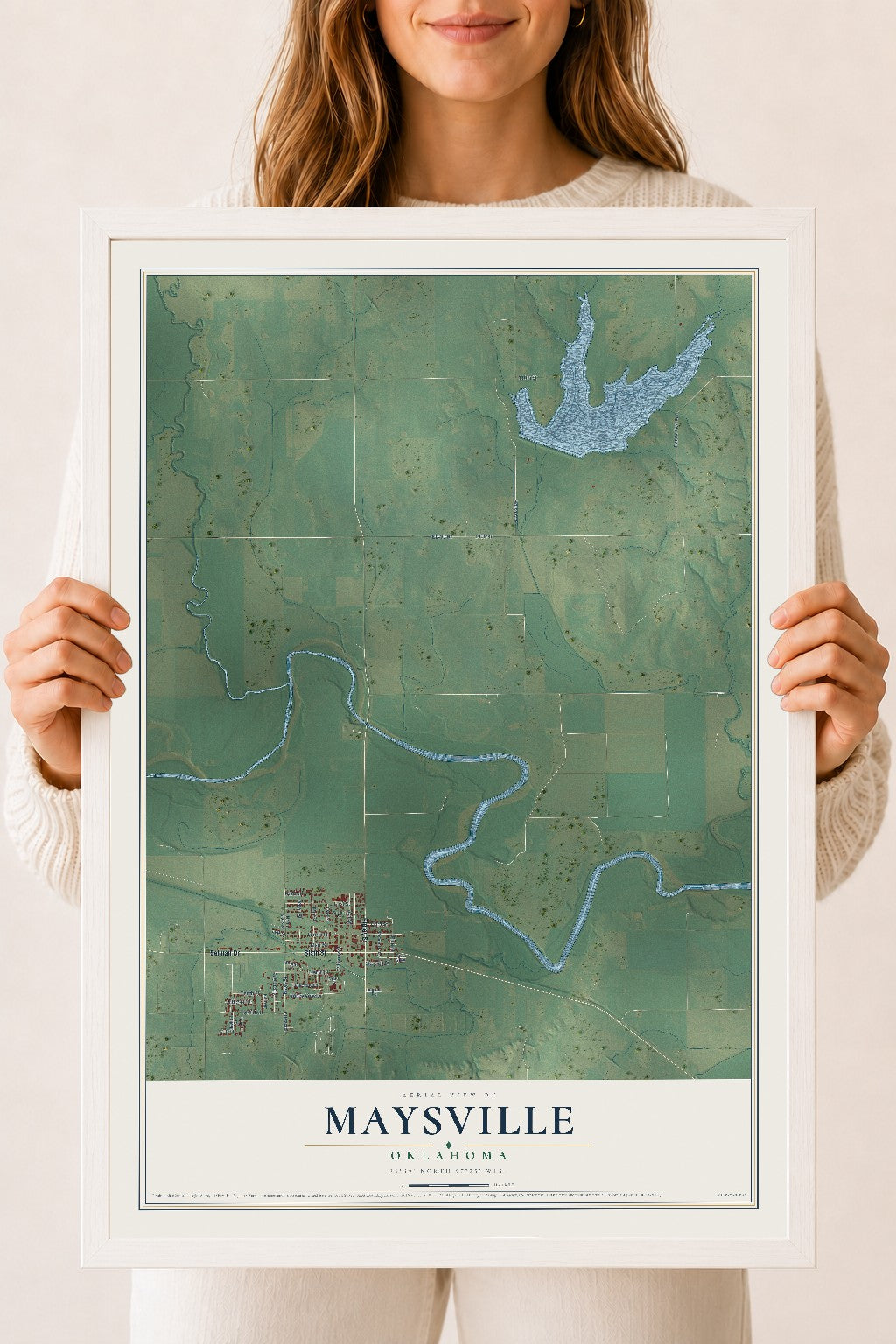 Map of Maysville, Oklahoma, 18 x 24 inch print in a white wood frame