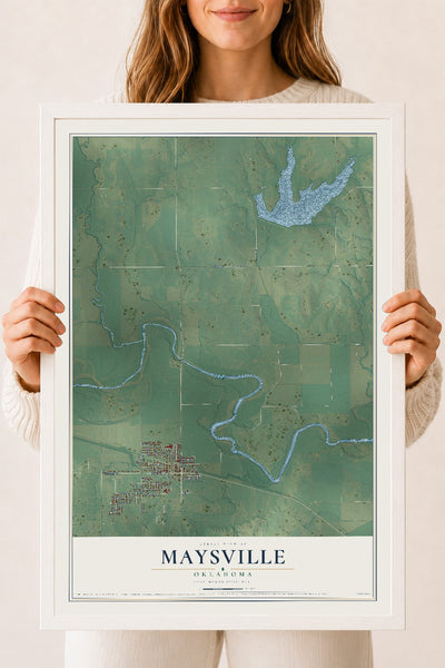 Map of Maysville, Oklahoma, 18 x 24 inch print in a white wood frame