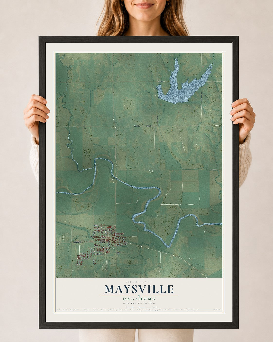 Map of Maysville, Oklahoma, 24 x 36 inch print in a black wood frame