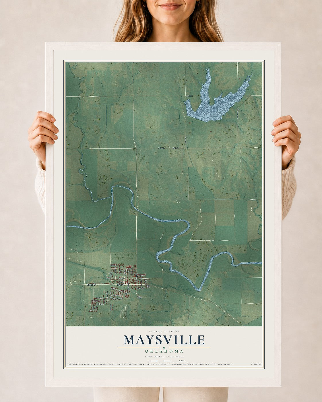 Map of Maysville, Oklahoma, 24 x 36 inch print in a white wood frame