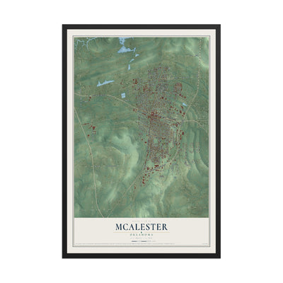 Map of McAlester, Oklahoma, 12 x 18 inch print in a black wood frame