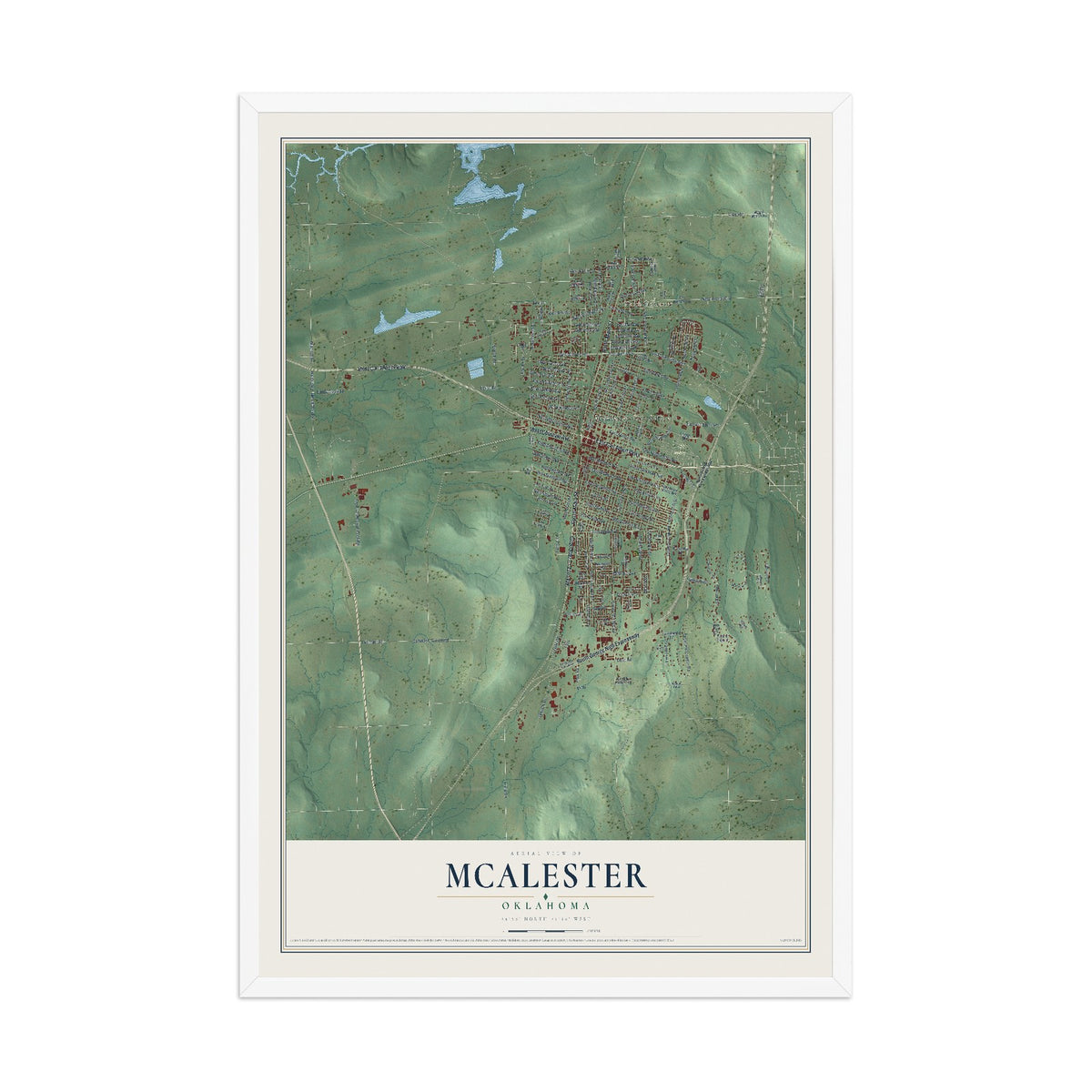 Map of McAlester, Oklahoma, 12 x 18 inch print in a white wood frame