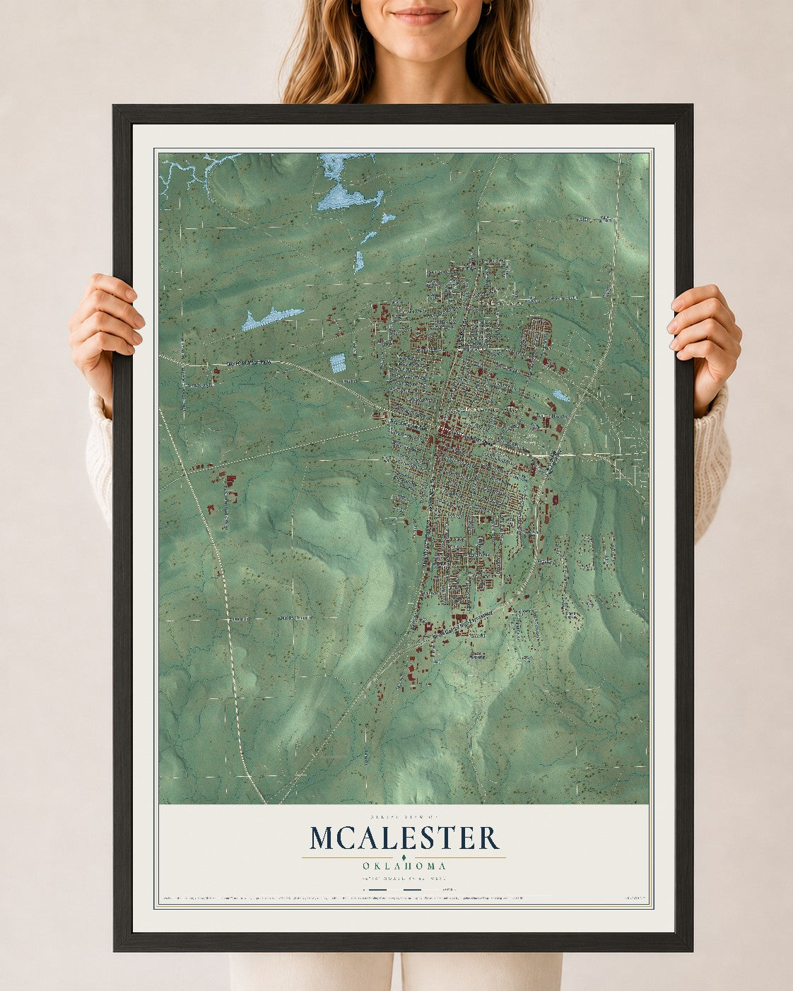 Map of McAlester, Oklahoma, 24 x 36 inch print in a black wood frame