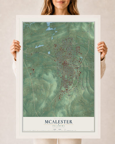 Map of McAlester, Oklahoma, 24 x 36 inch print in a white wood frame