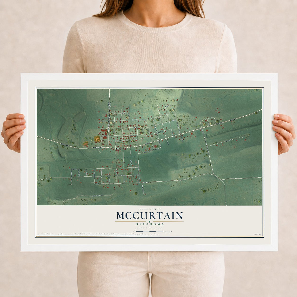 Map of McCurtain, Oklahoma, 12 x 18 inch print in a white wood frame