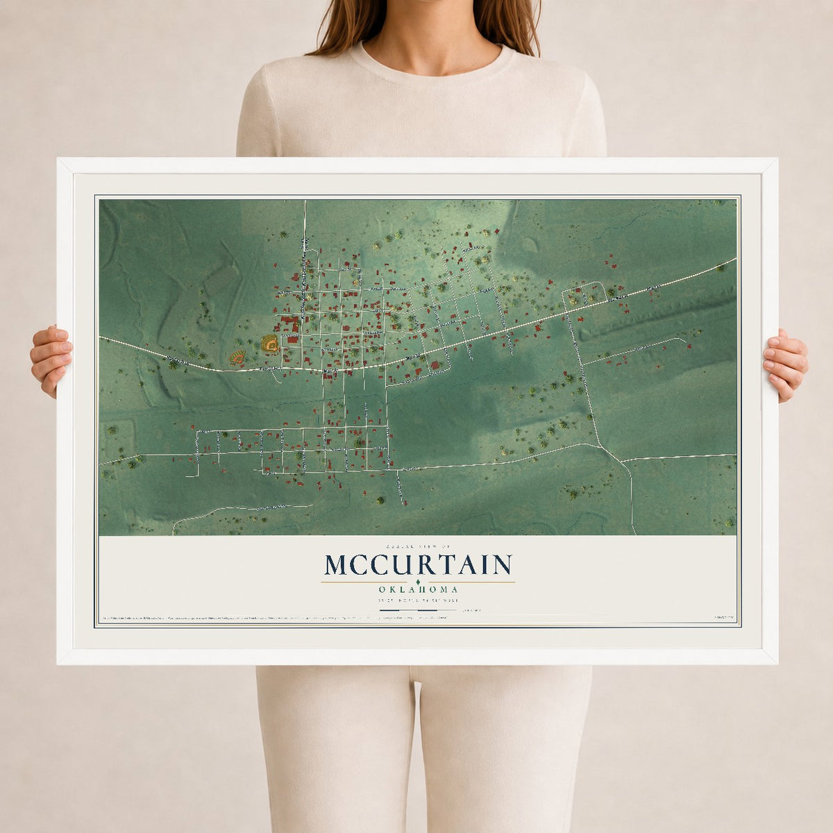 Map of McCurtain, Oklahoma, 24 x 36 inch print in a white wood frame