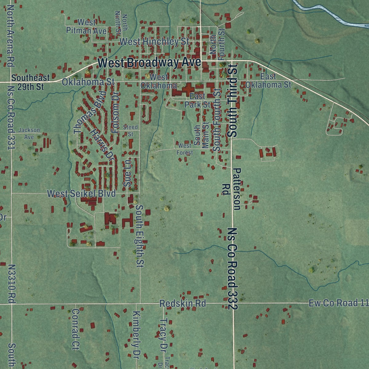 Close-up of the map of McLoud, Oklahoma print showing street and building detail