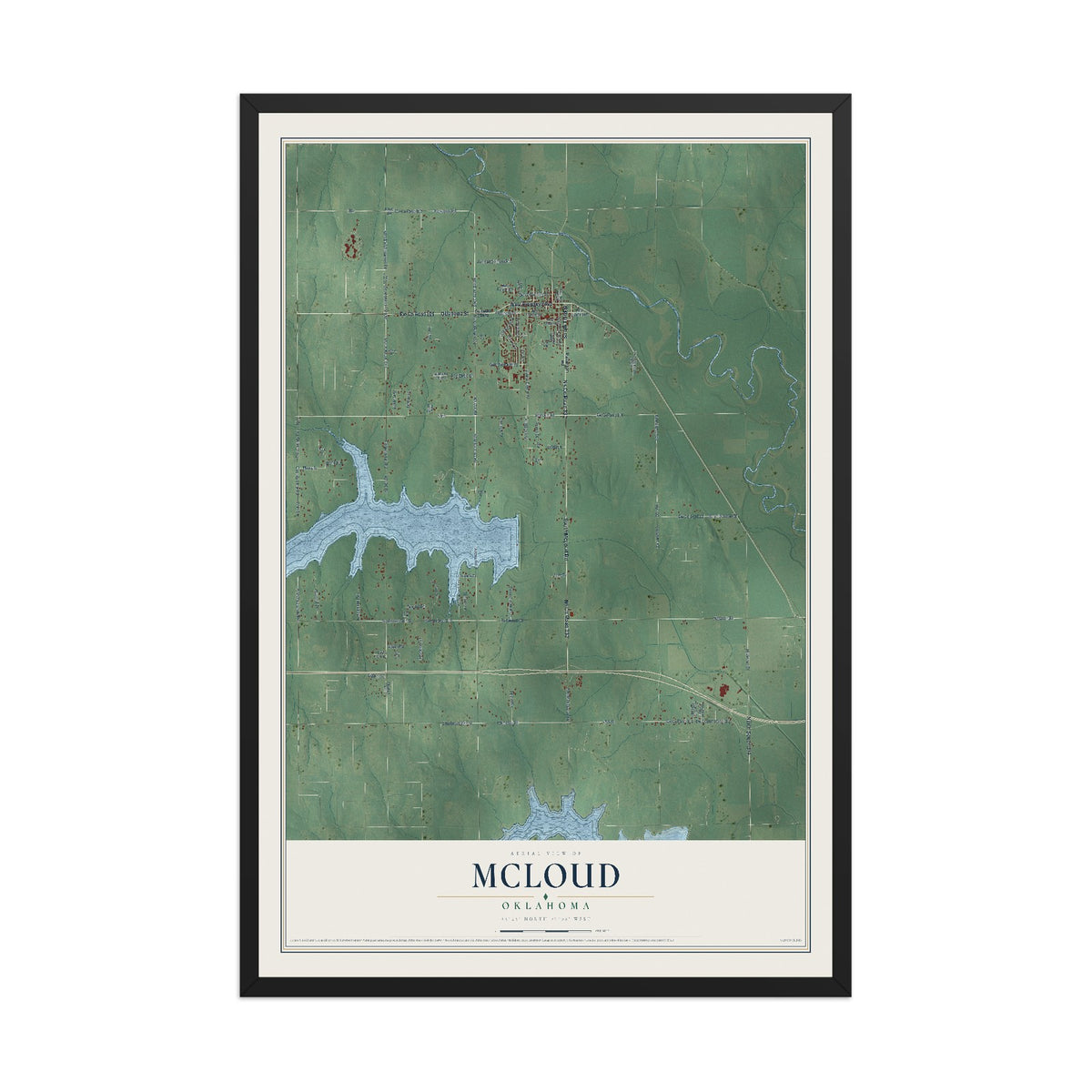 Map of McLoud, Oklahoma, 12 x 18 inch print in a black wood frame