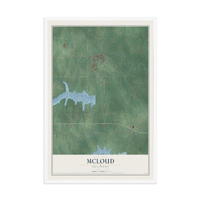 Map of McLoud, Oklahoma, 12 x 18 inch print in a white wood frame