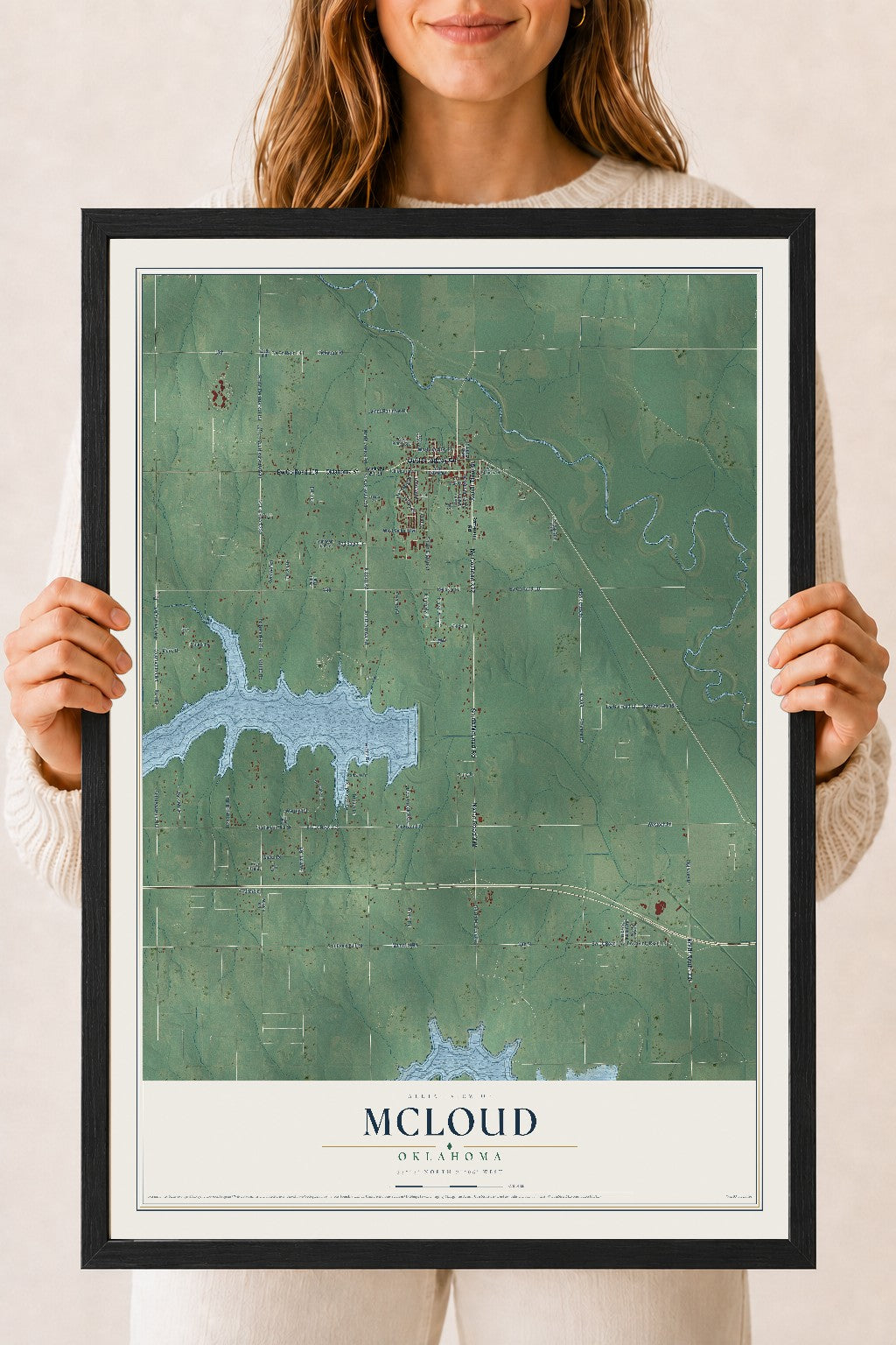 Map of McLoud, Oklahoma, 18 x 24 inch print in a black wood frame