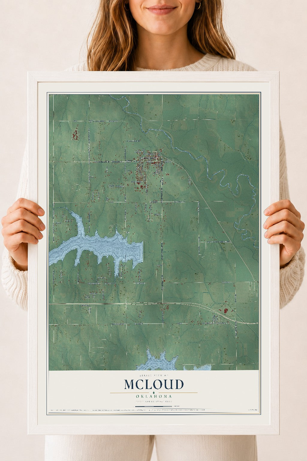 Map of McLoud, Oklahoma, 18 x 24 inch print in a white wood frame