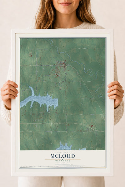 Map of McLoud, Oklahoma, 18 x 24 inch print in a white wood frame