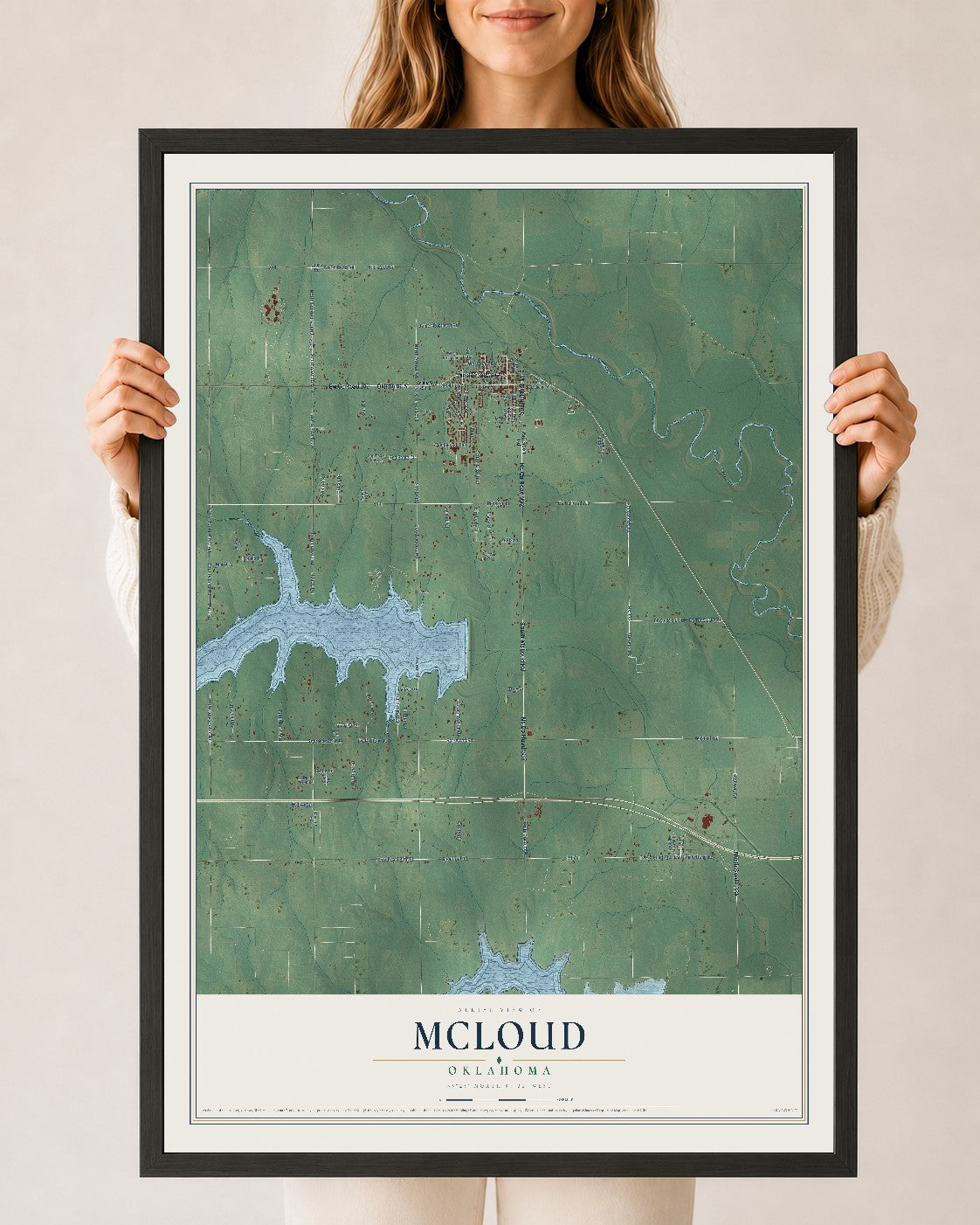Map of McLoud, Oklahoma, 24 x 36 inch print in a black wood frame