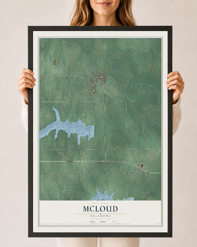Map of McLoud, Oklahoma, 24 x 36 inch print in a black wood frame