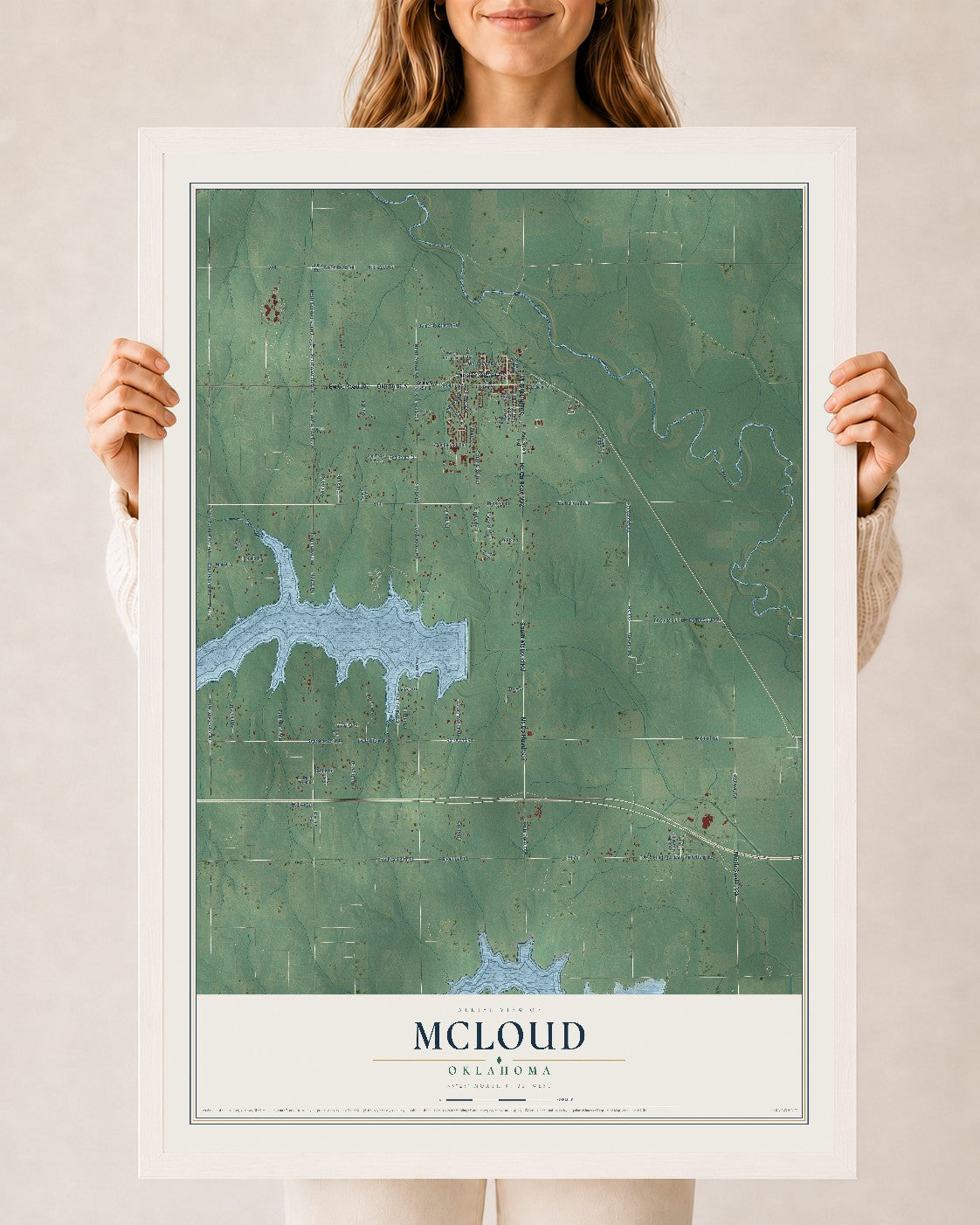 Map of McLoud, Oklahoma, 24 x 36 inch print in a white wood frame