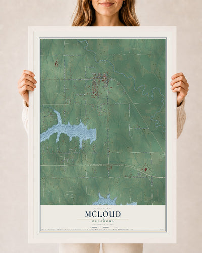 Map of McLoud, Oklahoma, 24 x 36 inch print in a white wood frame