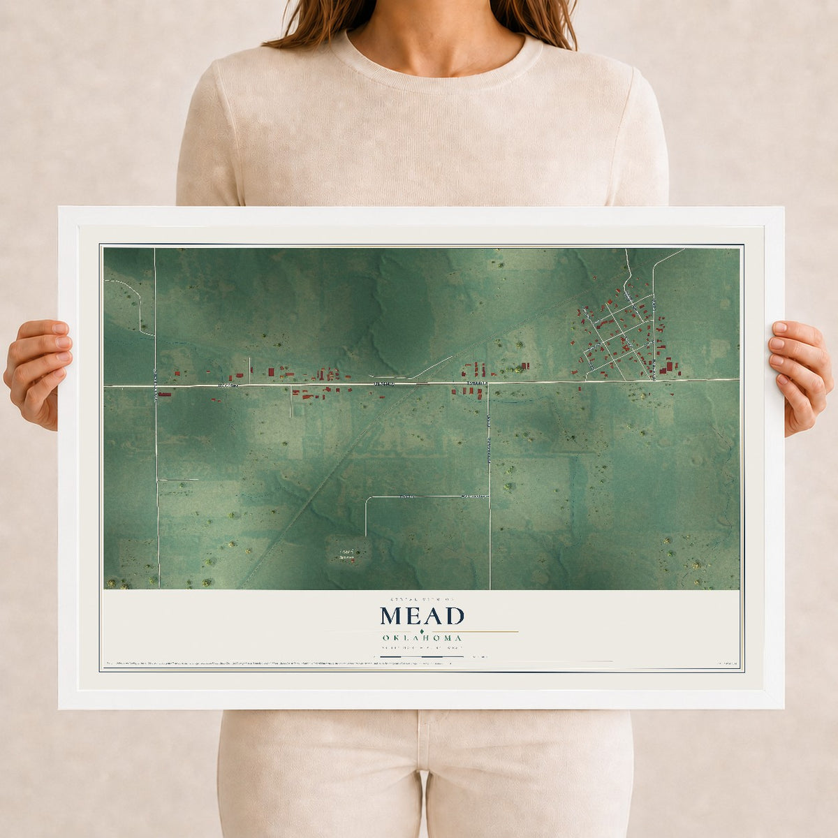 Map of Mead, Oklahoma, 12 x 18 inch print in a white wood frame