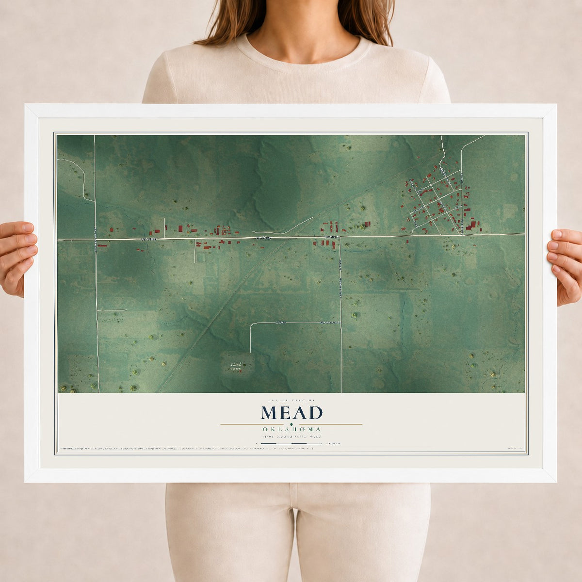 Map of Mead, Oklahoma, 18 x 24 inch print in a white wood frame