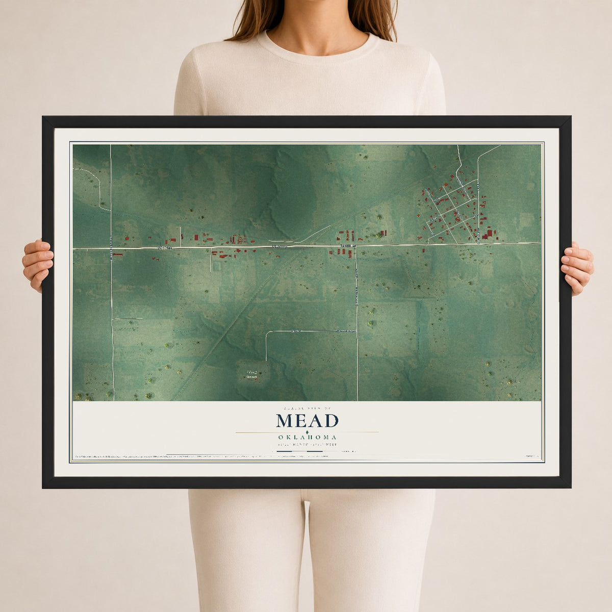 Map of Mead, Oklahoma, 24 x 36 inch print in a black wood frame
