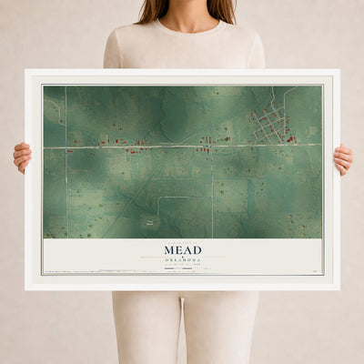 Map of Mead, Oklahoma, 24 x 36 inch print in a white wood frame