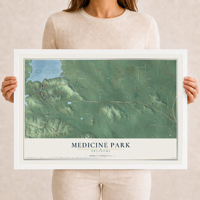Map of Medicine Park, Oklahoma, 12 x 18 inch print in a white wood frame