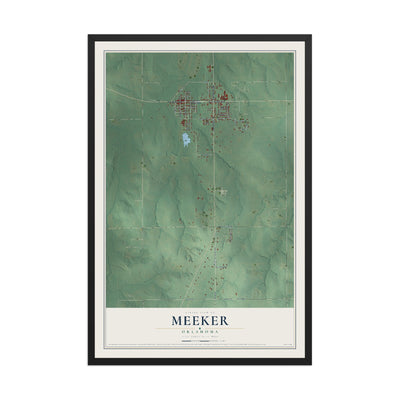 Map of Meeker, Oklahoma, 12 x 18 inch print in a black wood frame