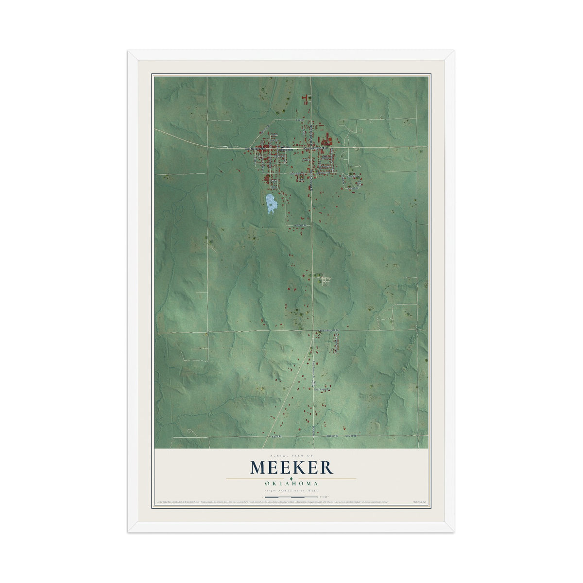 Map of Meeker, Oklahoma, 12 x 18 inch print in a white wood frame