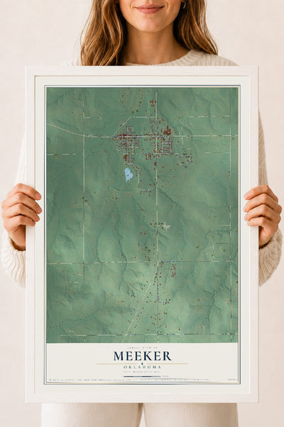 Map of Meeker, Oklahoma, 18 x 24 inch print in a white wood frame